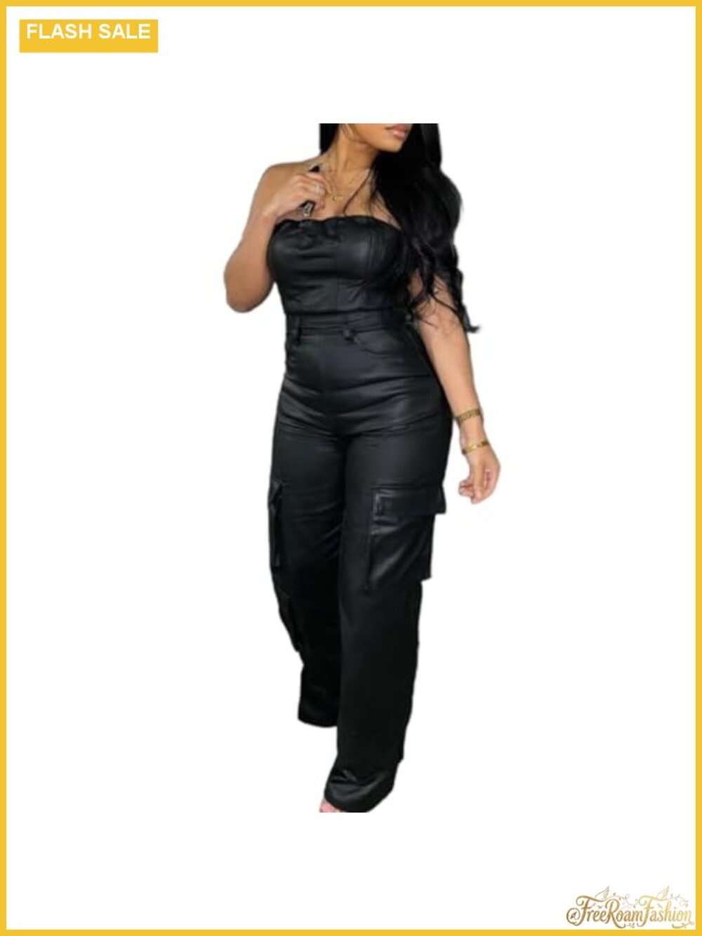 Women's PU Leather Jumpsuit Sexy Off Shoulder Cargo Pants Clubwear